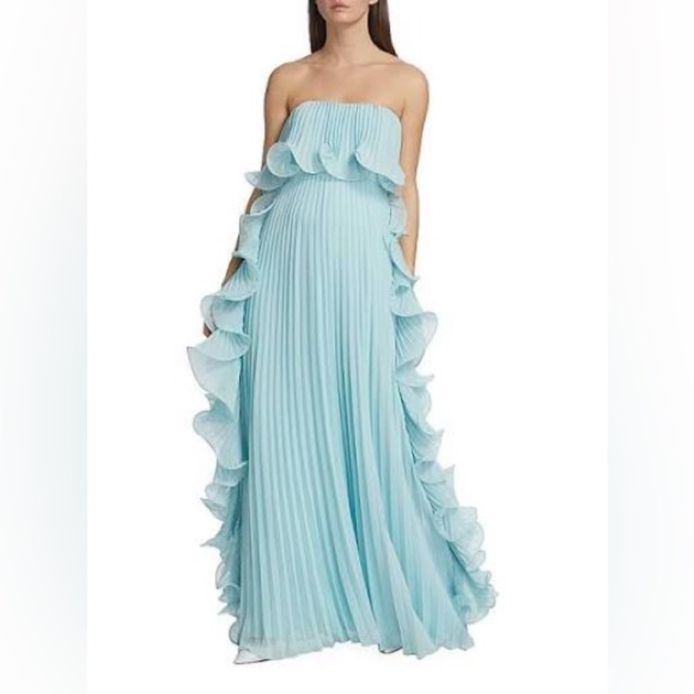 Badgley Mischka Strapless Pleated Gown with Ruffles - Picture 2 of 9